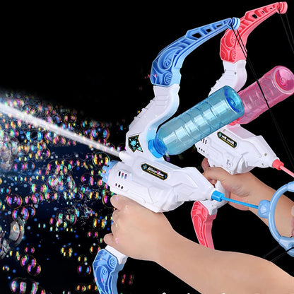 Happy child enjoying outdoor play with a green bow bubble & water blaster