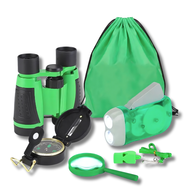 Kids outdoor adventure set with binoculars, magnifying glass, and compass for nature exploration