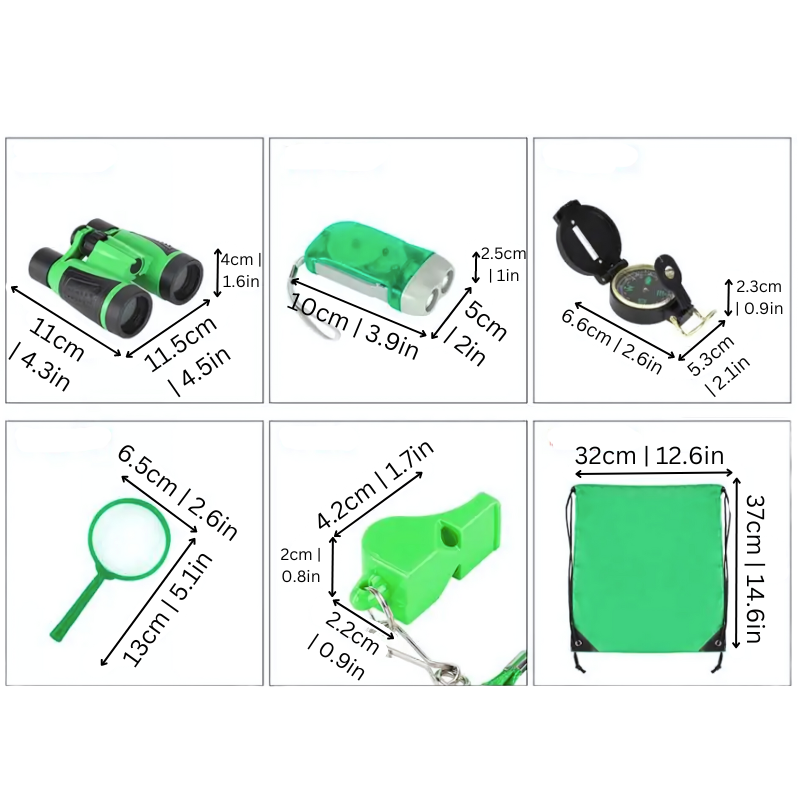 STEM outdoor learning kit for children featuring binoculars and a magnifying glass