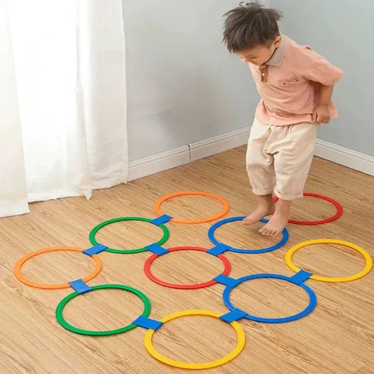 Kids' outdoor agility hoops set in vibrant colors, promoting active play and motor skills.
