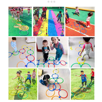 Children gleefully navigating a colorful outdoor agility hoops course, enhancing physical activity.