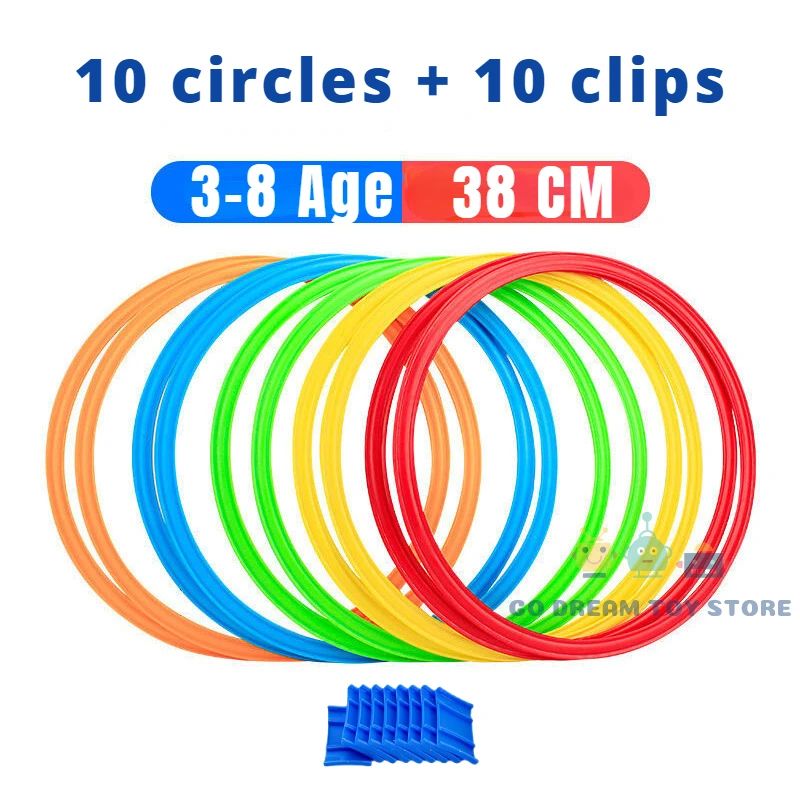 Various colored agility hoops for children's outdoor play, excellent for stimulating active fun.