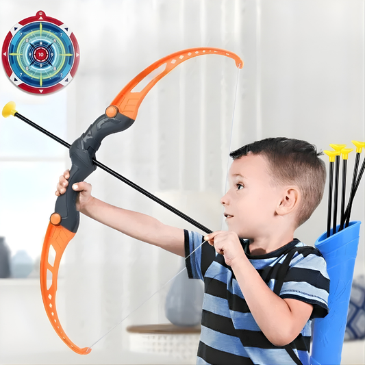 Kids outdoor archery toy bow and arrow set for active play, with red bow and suction cup arrows.