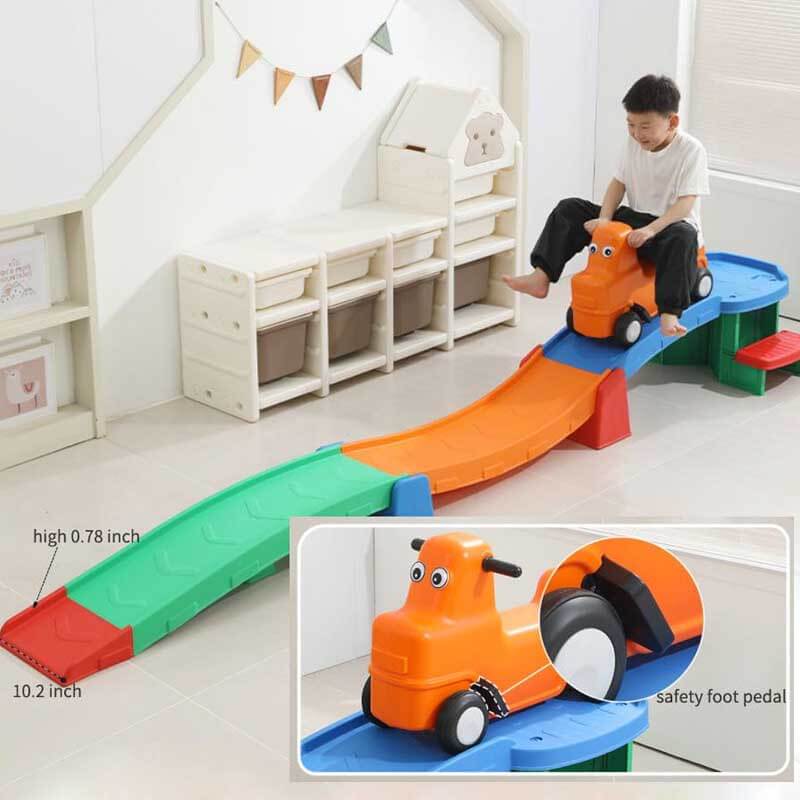 Durable kids roller coaster ride-on toy for backyard play, blue steps, yellow track, red car, outdoor fun