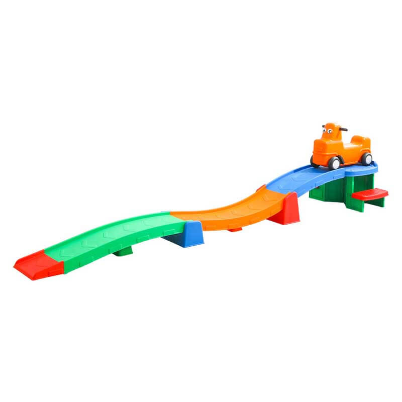 Backyard fun with a kids roller coaster ride-on toy, featuring an easy-lift car for repeated rides