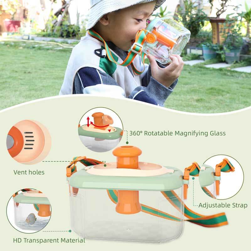 Children using a bug catcher kit to explore nature, catching insects in a net and viewing through magnifiers