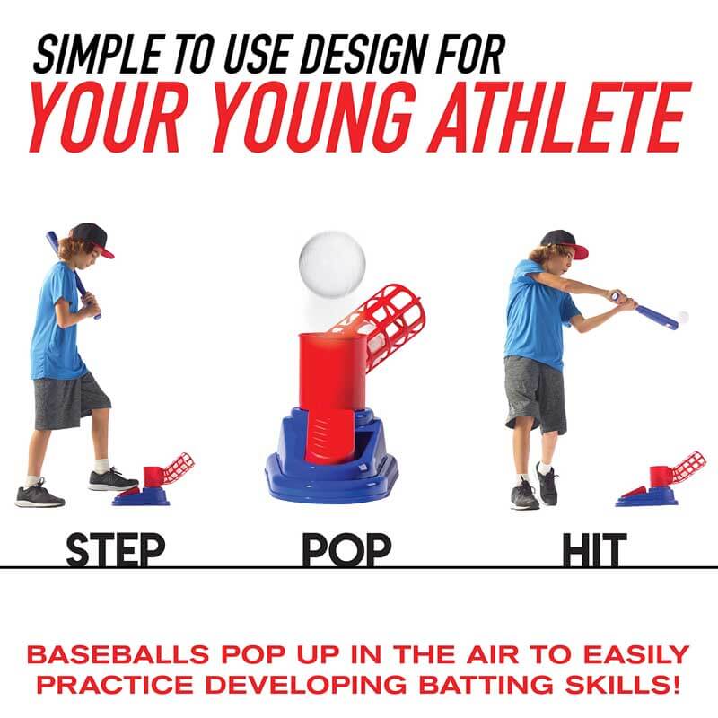 Baseball launcher toy with red bat, blue base, and yellow ball for kids' outdoor play