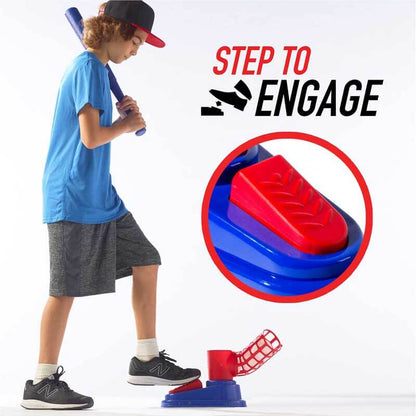 Child hitting a baseball launched by a catapult outdoor play set, active sports game