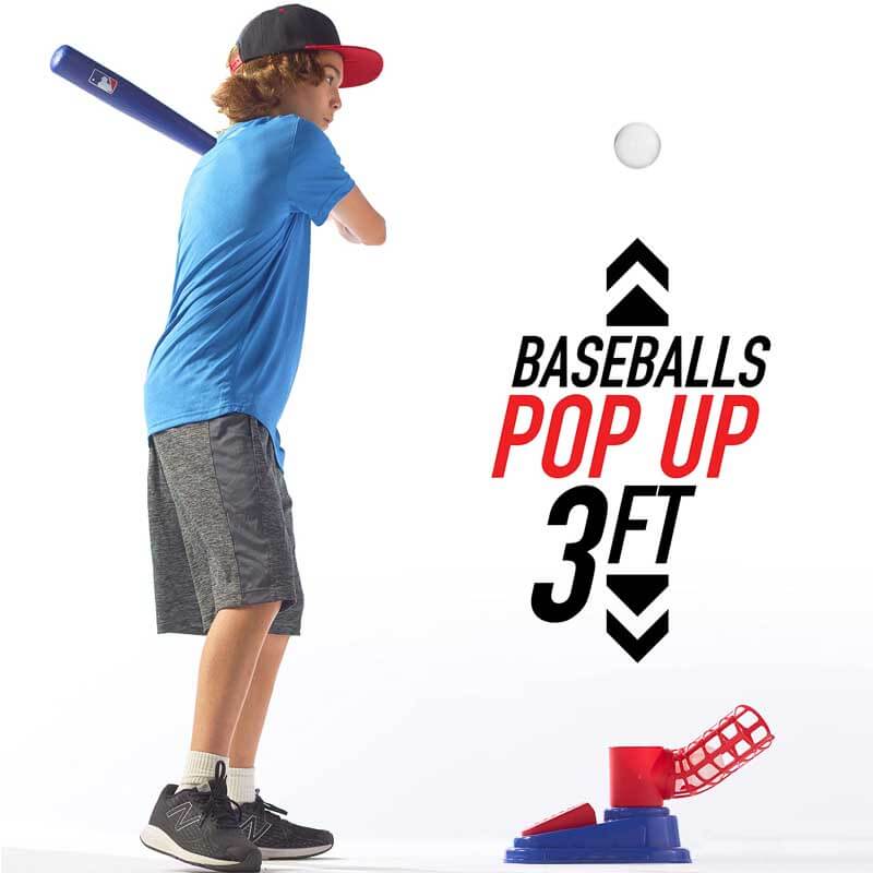 Complete kids' catapult baseball play set showing bat, launcher, and three balls
