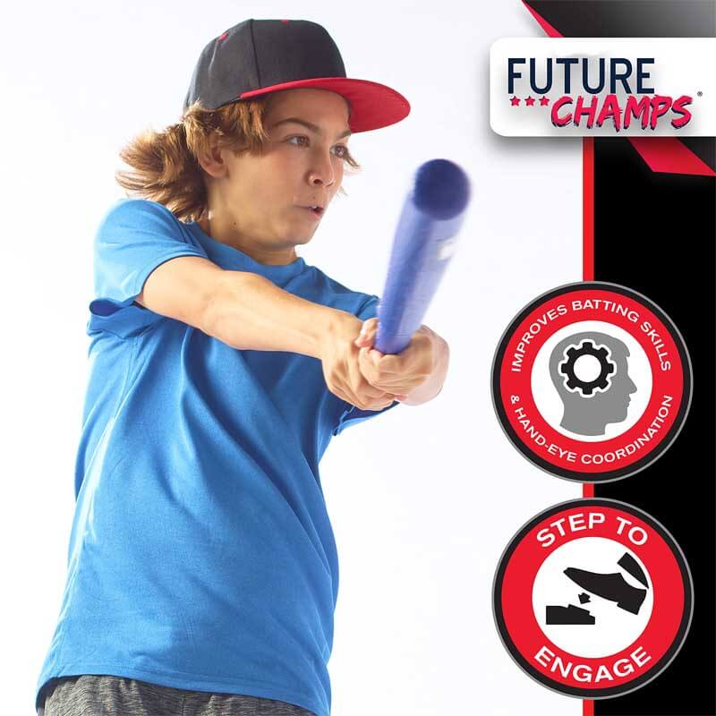 Girl aiming to hit a baseball from a catapult launcher, fun outdoor sports game