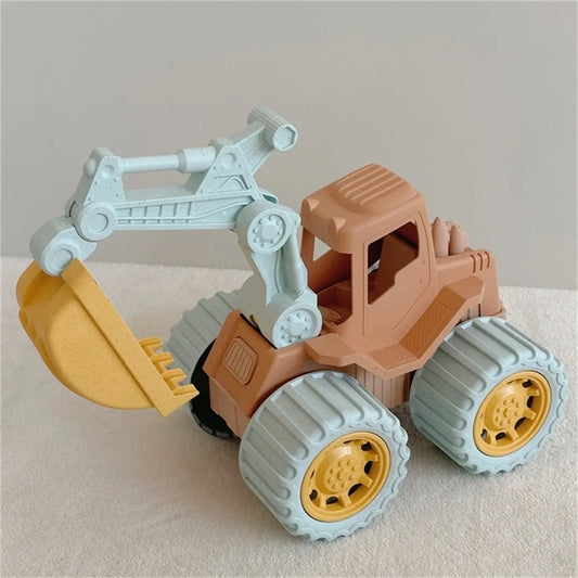Kids outdoor construction vehicle play set with yellow excavator, bulldozer, and dump truck on sand.