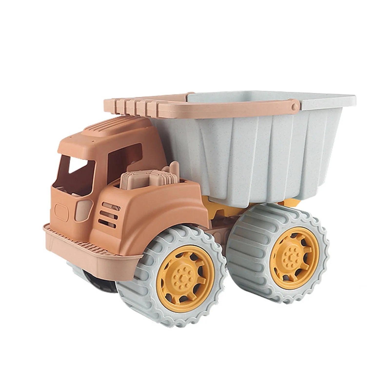 Close-up of a yellow toy excavator from the kids' outdoor construction vehicle play set, great for sand.