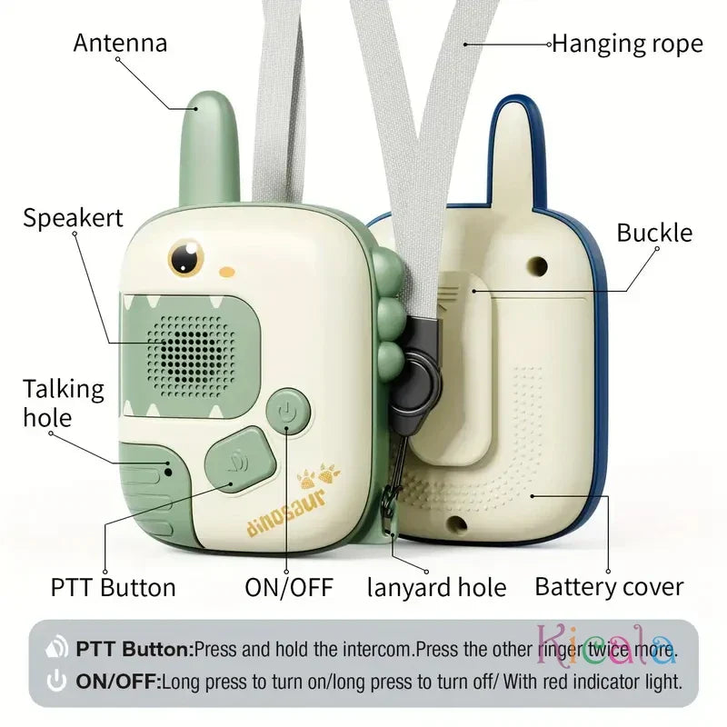 Close-up of kids dinosaur walkie talkie, yellow and green, for outdoor play