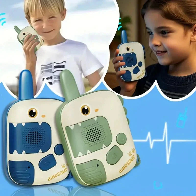Two children playing with dinosaur walkie talkies on an outdoor adventure
