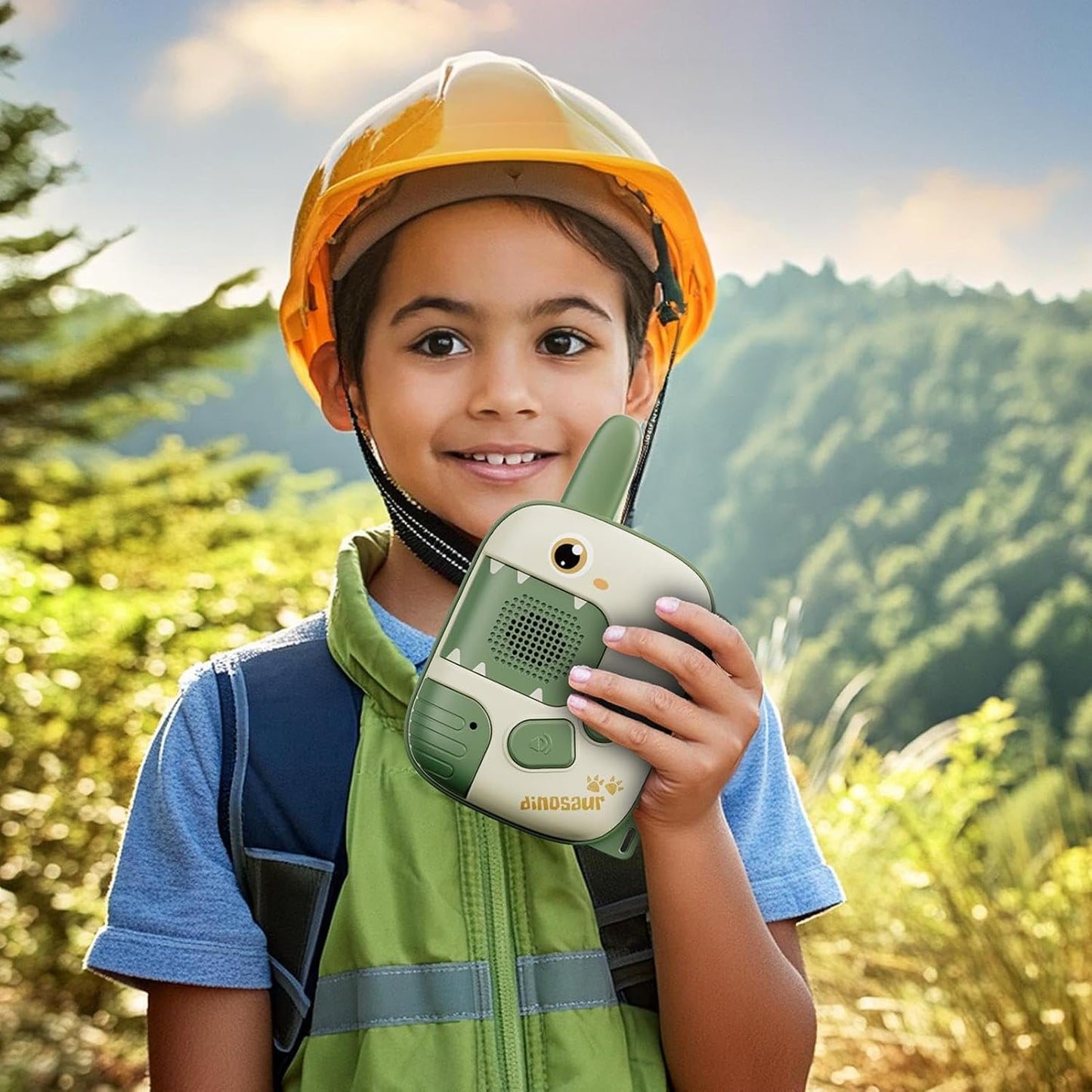 Boys and girls using kids walkie talkie dinosaur toy for outdoor exploration