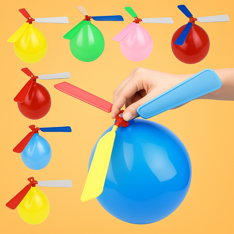 Kids outdoor flying balloon propeller set with colorful balloons and launching wands for summer play.