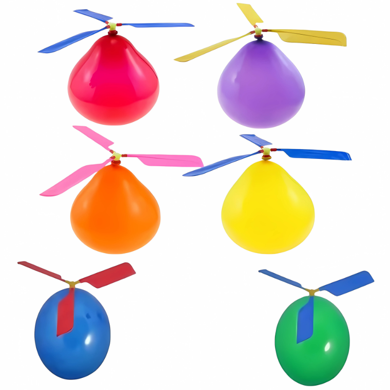 Child holding a flying balloon propeller, an engaging outdoor toy for active summer fun and party favors.