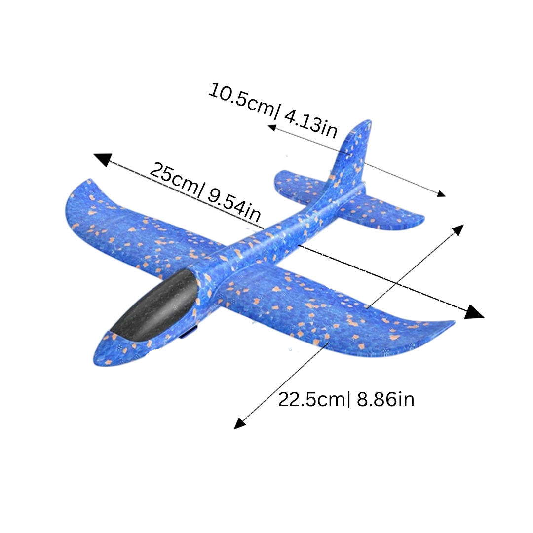 Child launching a colorful foam airplane toy, developing coordination and motor skills