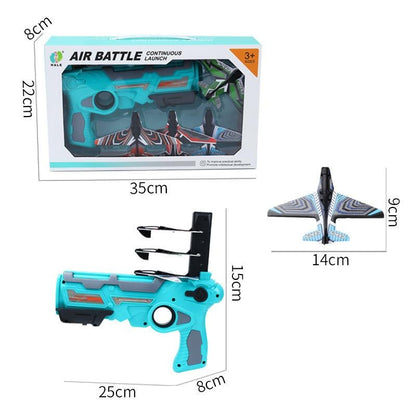 Close-up of a child's hand launching a blue foam airplane from the Kids' Foam Airplane Launcher Toy