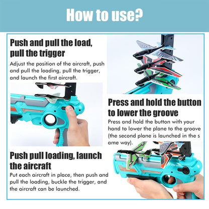 Kids' Foam Airplane Launcher Toy on a green lawn, showing the launcher mechanism and a foam plane