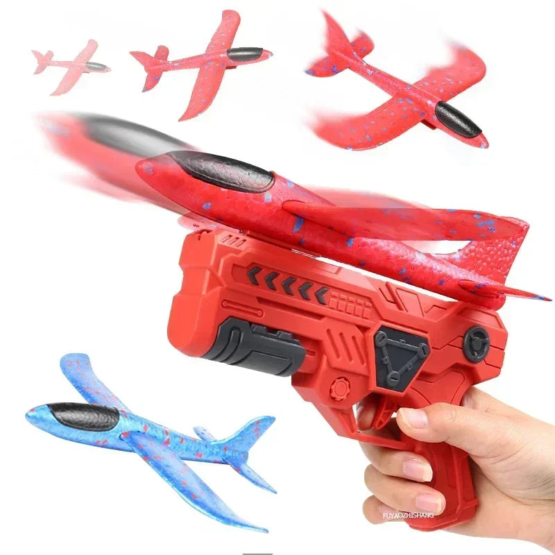 Brightly colored foam plane and launcher toy, ideal for kids' outdoor play