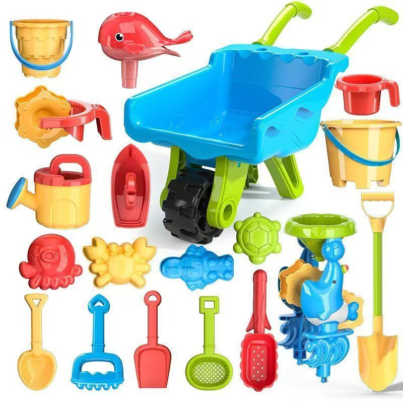 Colorful kids' outdoor wheelbarrow play set, ideal for sand and beach activities