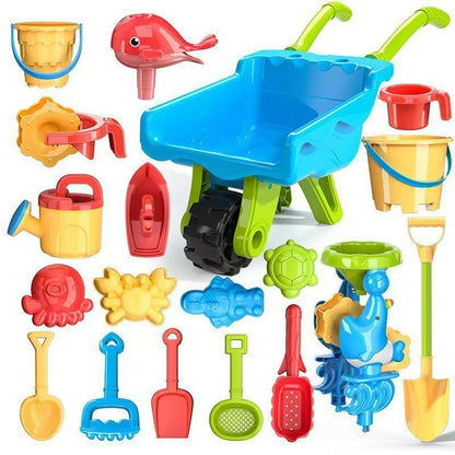 Colorful kids' outdoor wheelbarrow play set, ideal for sand and beach activities