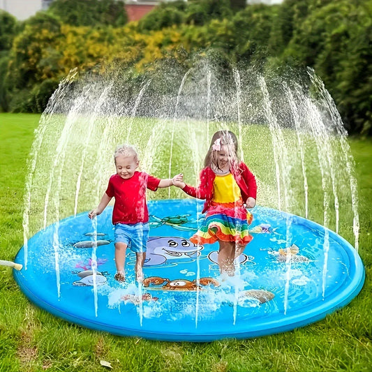 Kids outdoor sprinkler play mat for summer water fun in the garden, vinyl material.