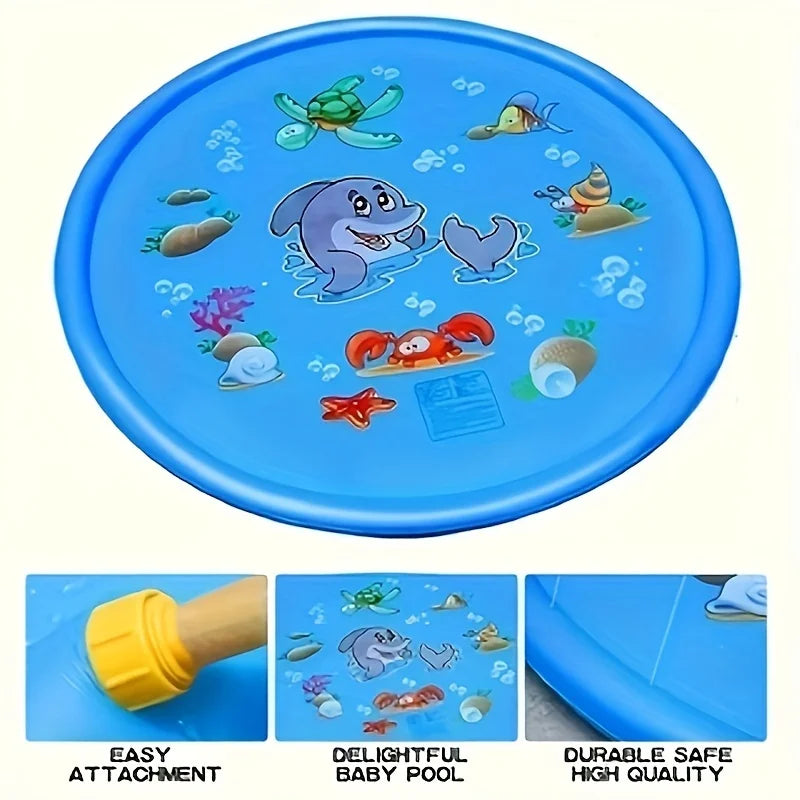 Durable vinyl outdoor sprinkler mat for kids' summertime garden play and water activities.