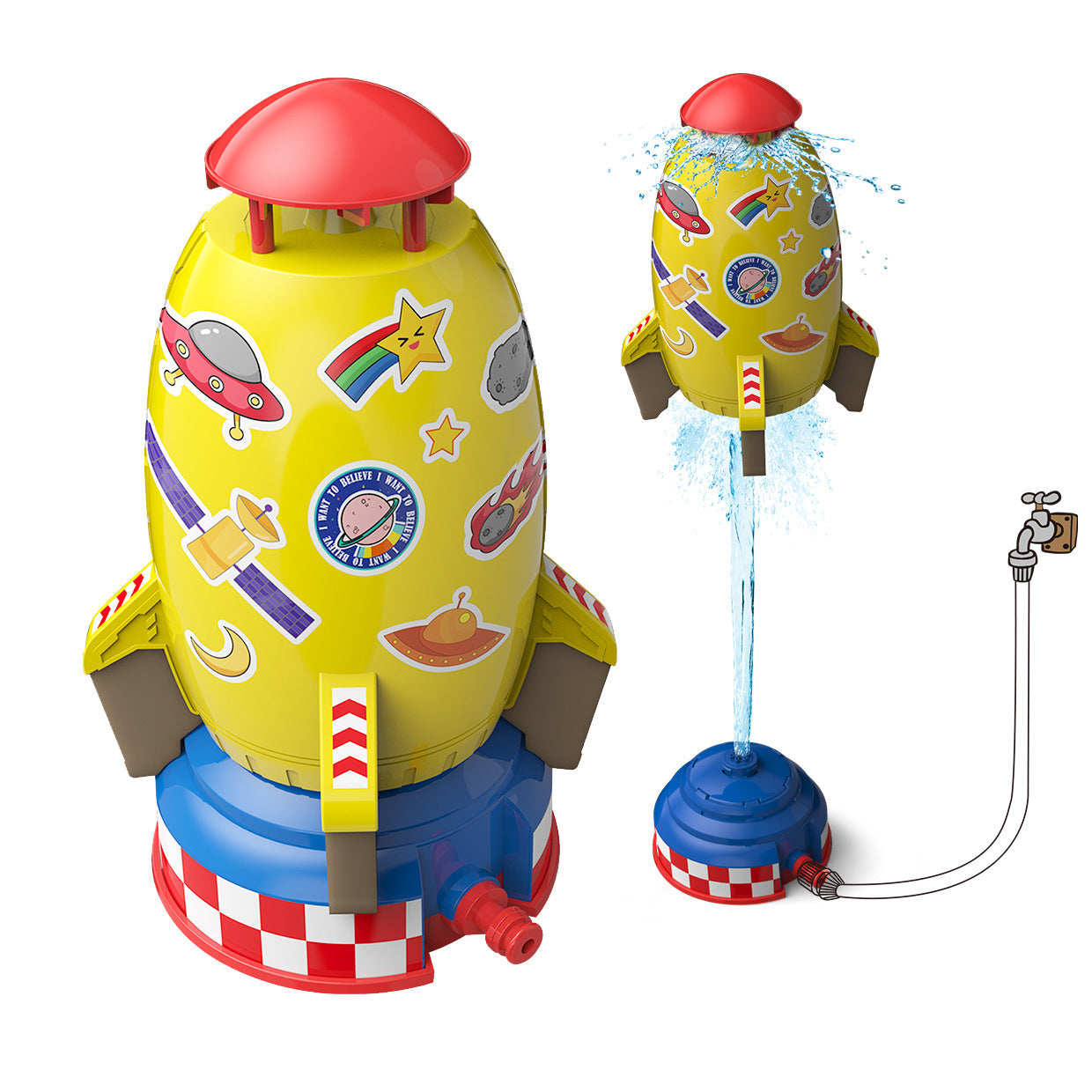 Action shot of a Water Rocket Toy Sprinkler launching streams of water high into the air for kids