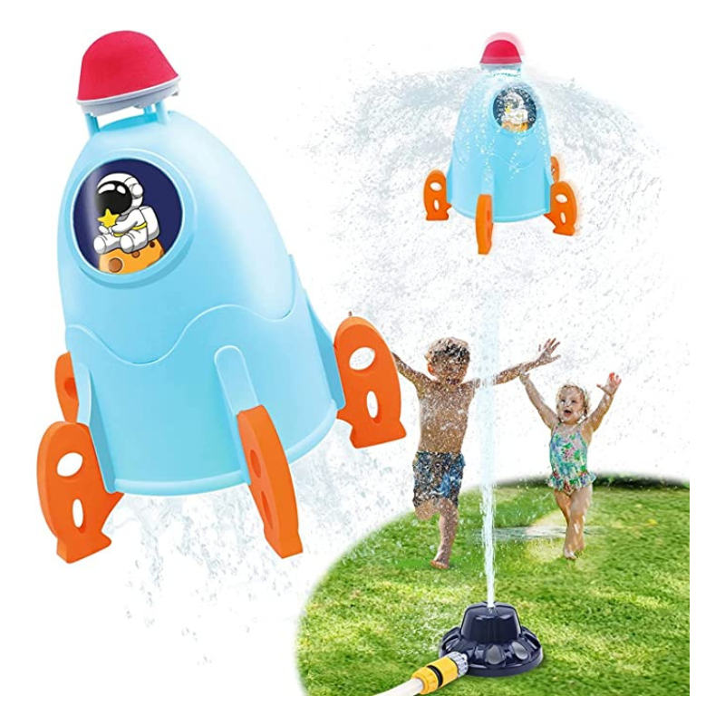 Kids' outdoor water rocket sprinkler toy, launching water streams for summer garden fun, ages 3-5+