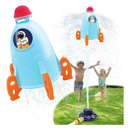 Kids' outdoor water rocket sprinkler toy, launching water streams for summer garden fun, ages 3-5+