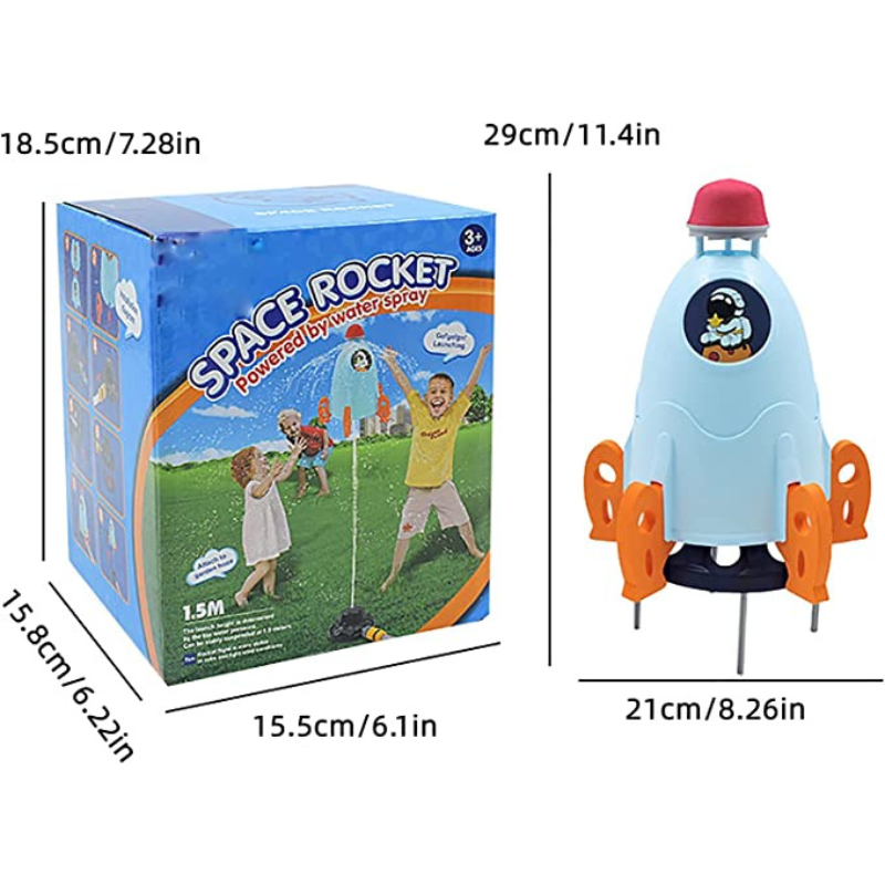 Colorful children's rocket sprinkler toy in a garden, spraying water joyfully; perfect for outdoor water play