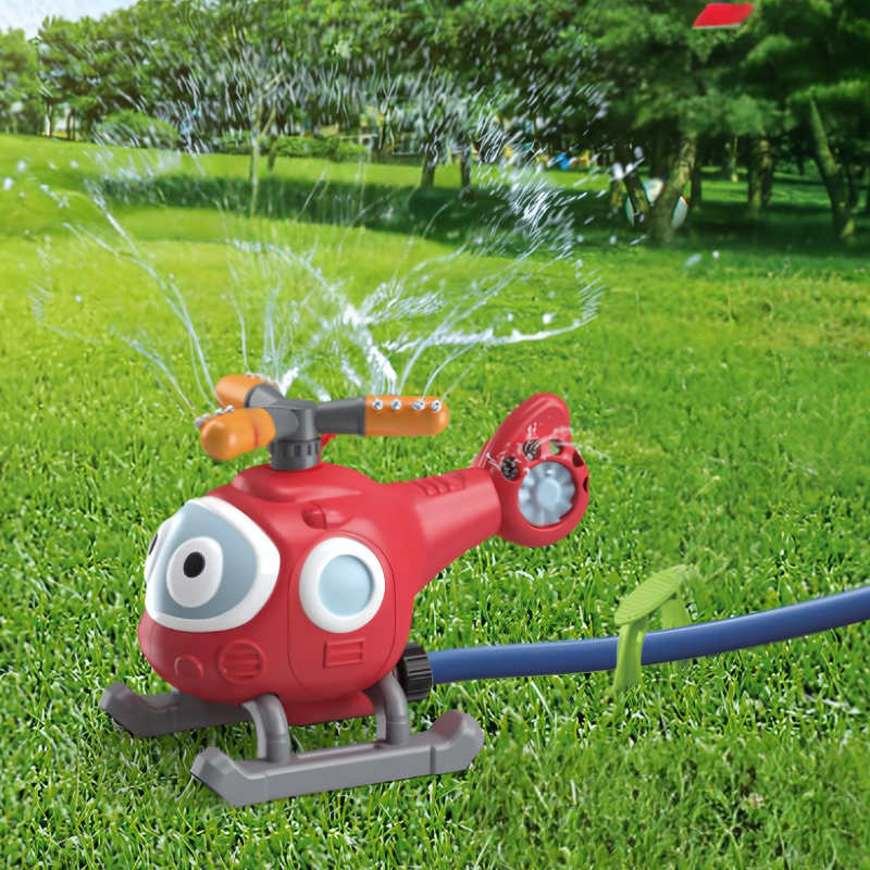 Kids outdoor water sprinkler baseball toy, perfect for summer backyard play & children's games. Red base, blue bat, & yellow ball with water jets.
