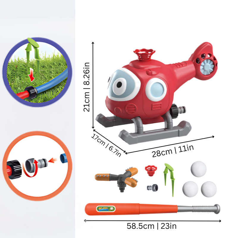 Vibrant outdoor baseball water sprinkler for kids' summer fun. Sprinkles water from bat & ball for exciting backyard play.