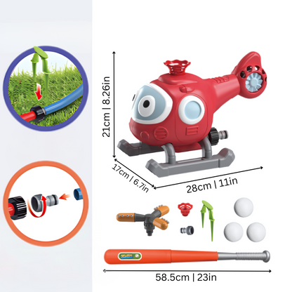 Vibrant outdoor baseball water sprinkler for kids' summer fun. Sprinkles water from bat & ball for exciting backyard play.