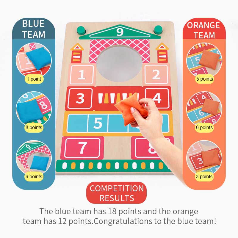 Wooden kids' toss game featuring numbered targets and four red & blue sandbags, great for skill-building.