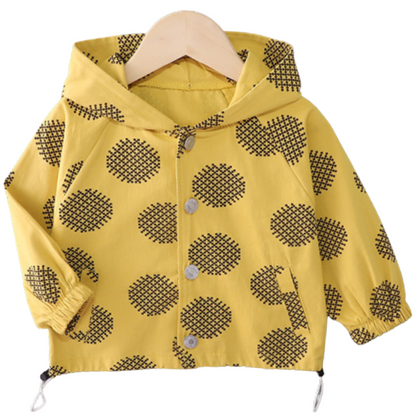 Baby outerwear: patterned hooded jacket, a stylish and warm toddler fashion choice.