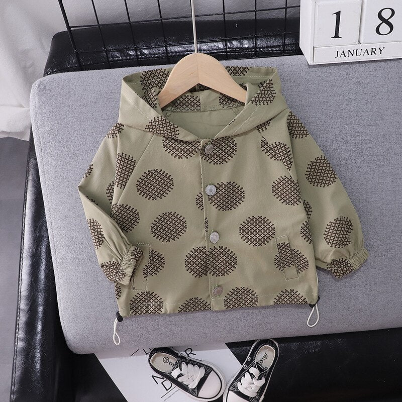 Warm fall clothing: patterned cotton hooded jacket, a cozy baby outerwear option.