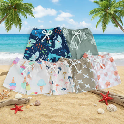 Kids' patterned summer swim trunks, quick-dry polyester, ideal for pool and beach wear.
