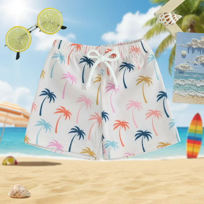 Closeup of the quick-dry fabric on kids' patterned swim trunks, perfect for summer swimwear.