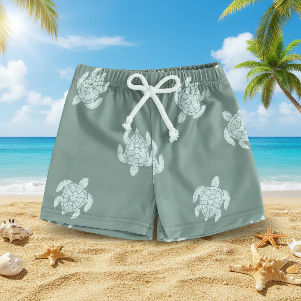 Flat lay of lightweight kids' swim trunks, summer pattern, essential baby beach clothing.