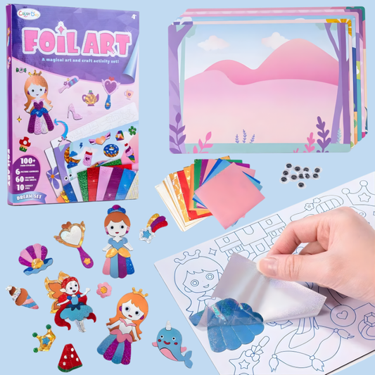 Kids' Peel & Stick Foil Art Kit with shimmer stickers, fostering creative play for fine motor skills