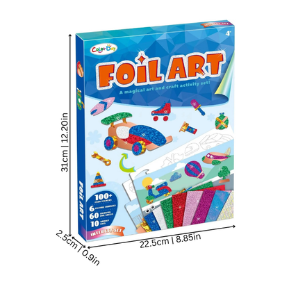 Dinosaur foil art kit for kids, peel & stick with shimmer stickers for mess-free creative fun