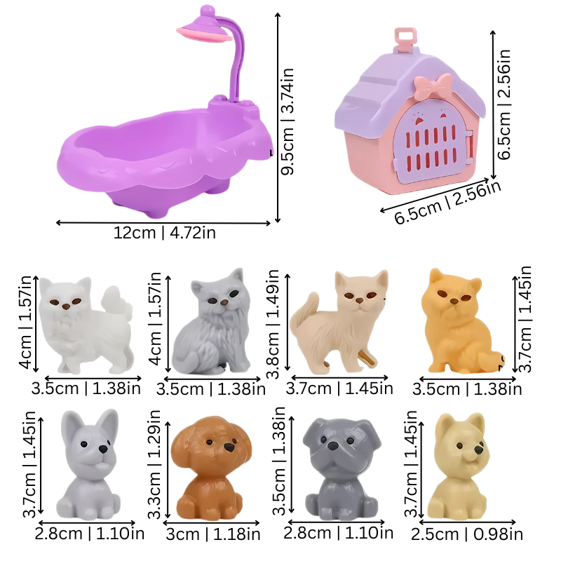 Colorful animal play set with various pet figures, perfect for kids' imaginative role play.