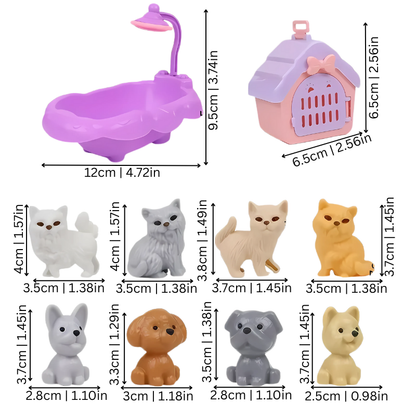 Colorful animal play set with various pet figures, perfect for kids' imaginative role play.