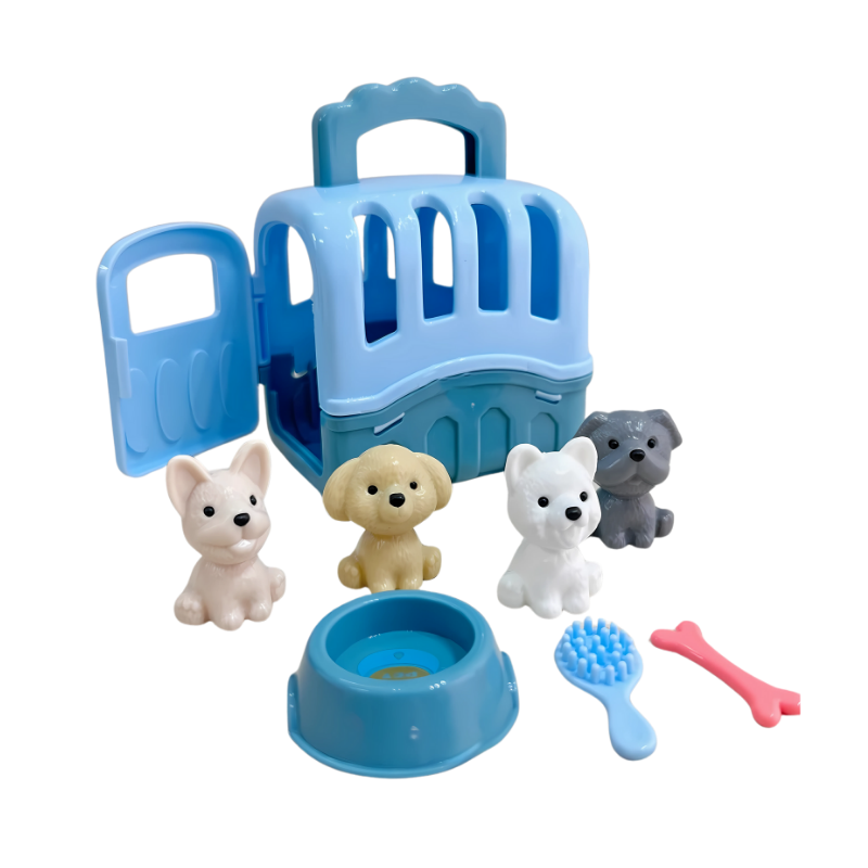 Close-up of a kids' animal play set, showcasing detailed pet figures for role-playing games.