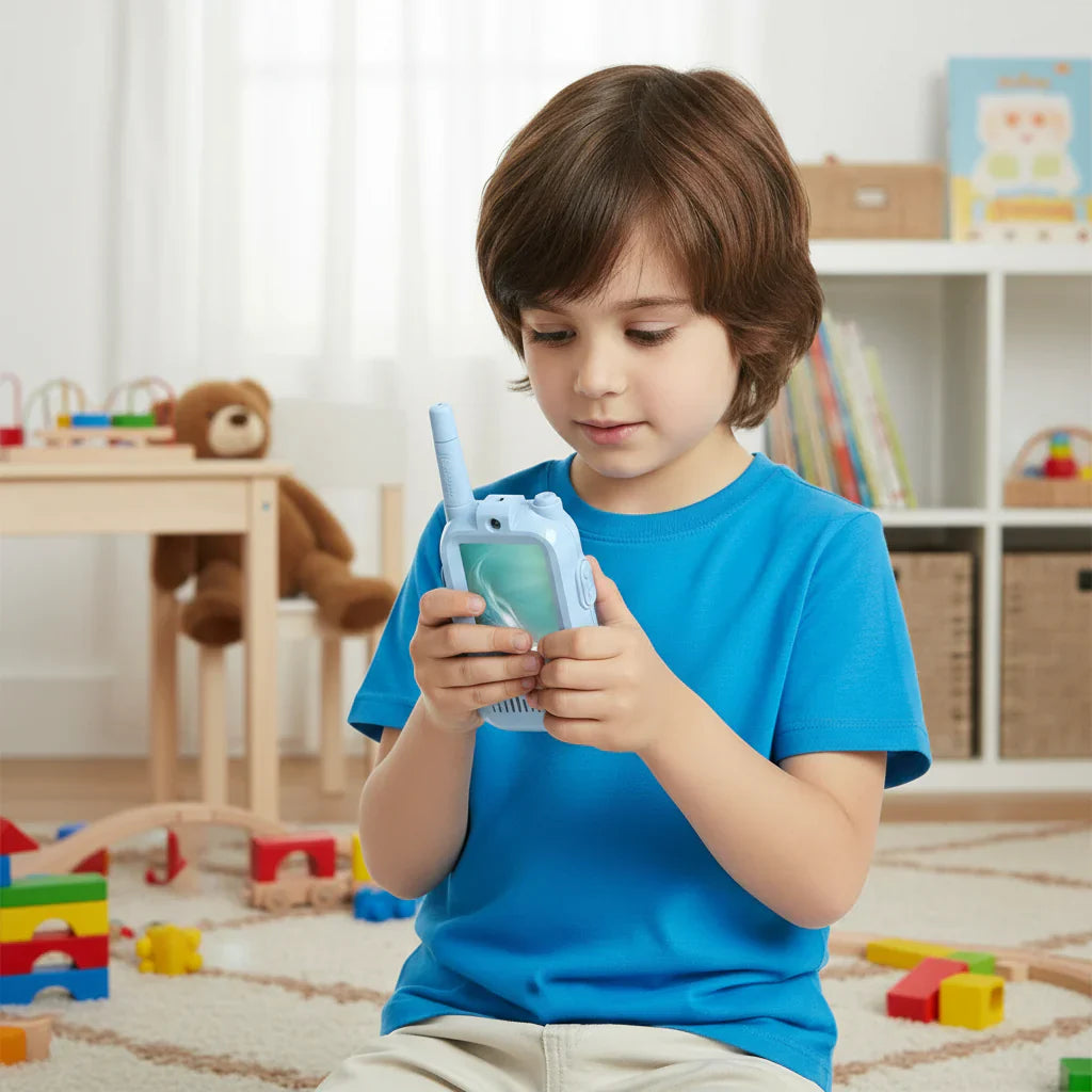 Childrens educational video walkie-talkie in pink & blue for interactive play and learning