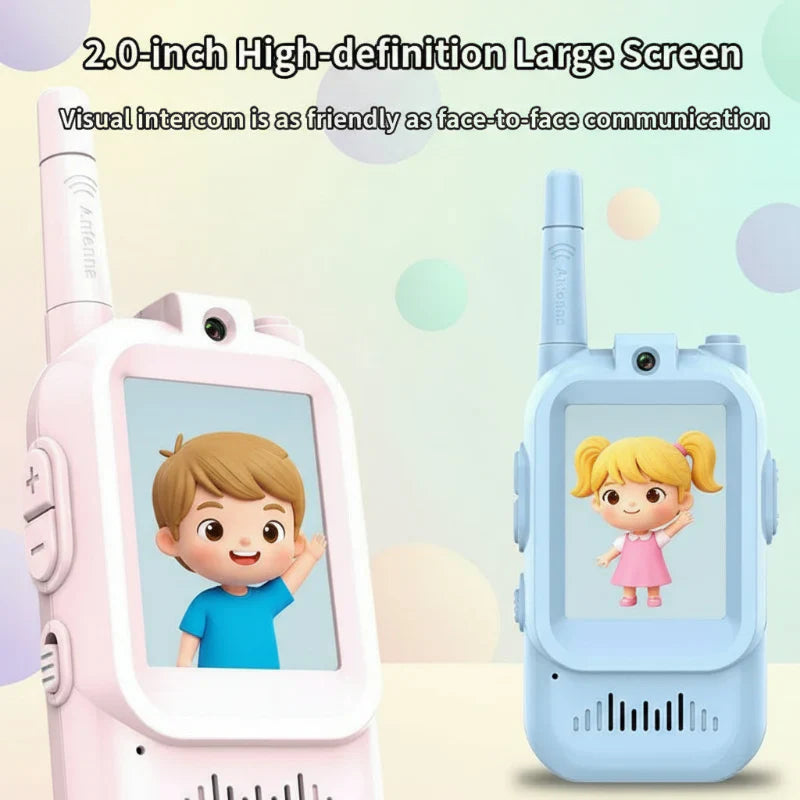 Close-up of a pink kids' video walkie-talkie, showing screen and buttons, educational toy
