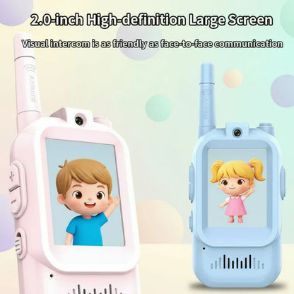 Close-up of a pink kids' video walkie-talkie, showing screen and buttons, educational toy
